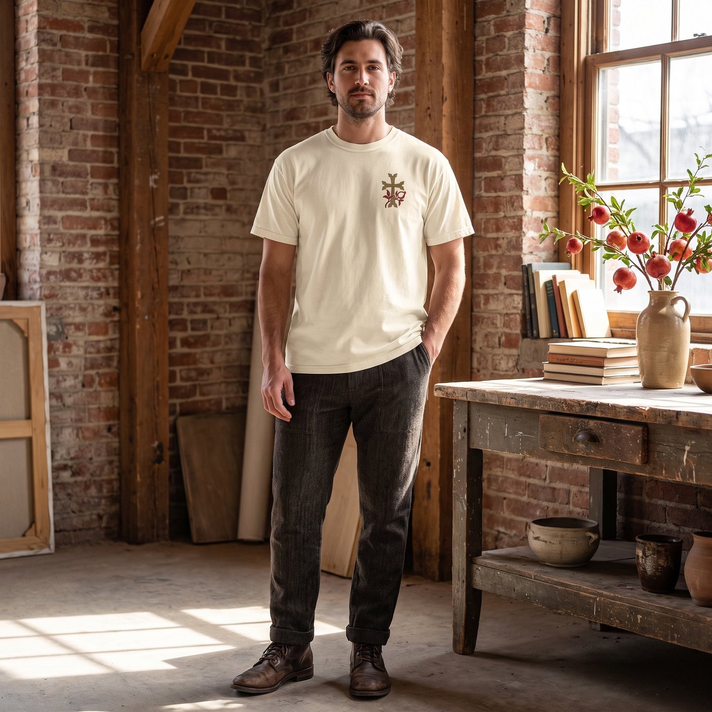 Khachkar Pomegranate Garment-dyed Tee — Lifestyle (AI generated)