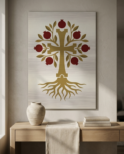 Armenian khachkar cross and pomegranate metal wall art on a neutral wall