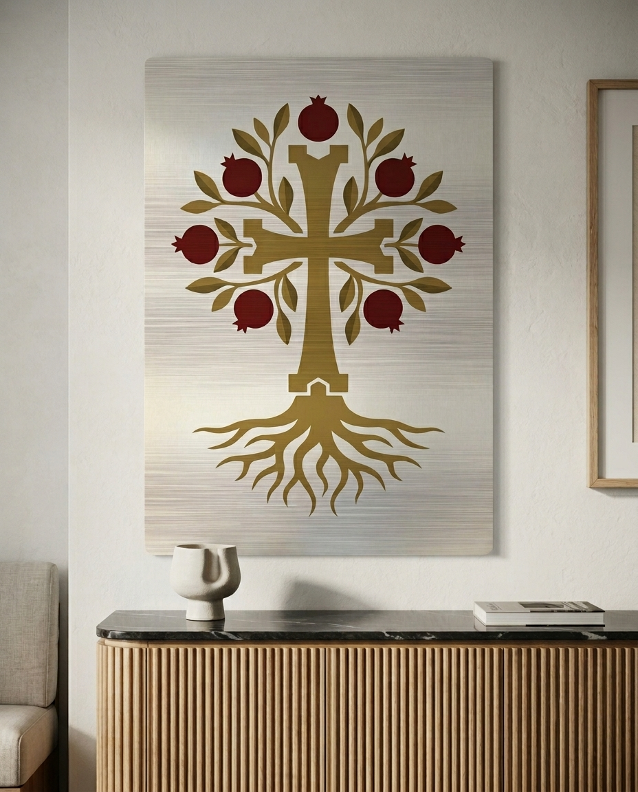 Armenian pomegranate cross wall art in brushed silver aluminum