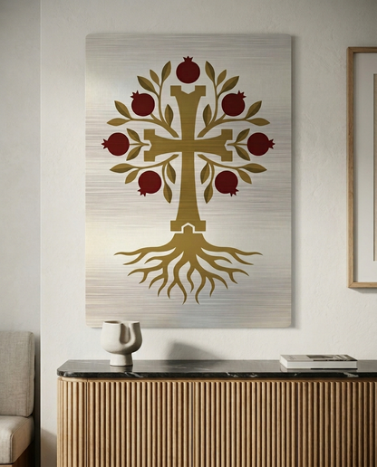 Armenian pomegranate cross wall art in brushed silver aluminum