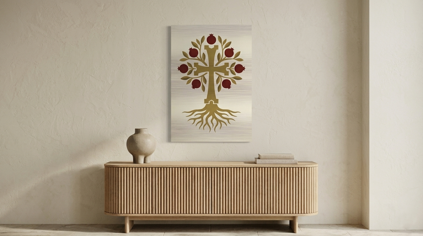 Gold pomegranate tree of life cross on brushed aluminum, Armenian heritage wall art