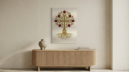 Gold pomegranate tree of life cross on brushed aluminum, Armenian heritage wall art