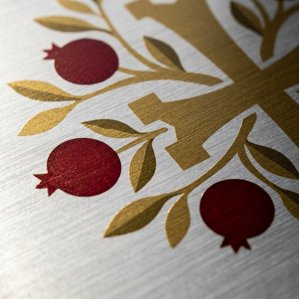 Decorative design with red pomegranates and gold leaves on a textured brushed metal background