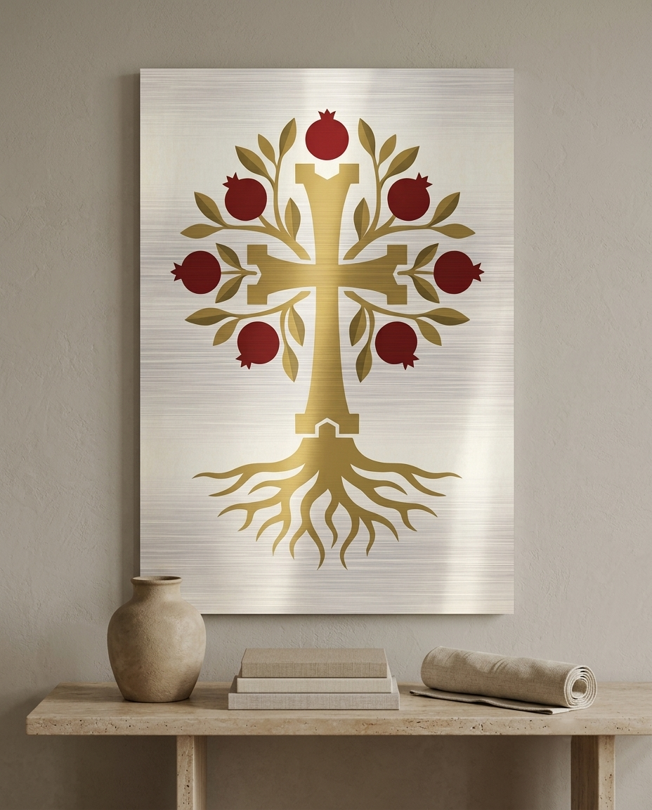 Decorative wall art with a gold cross and red pomegranates on a neutral background