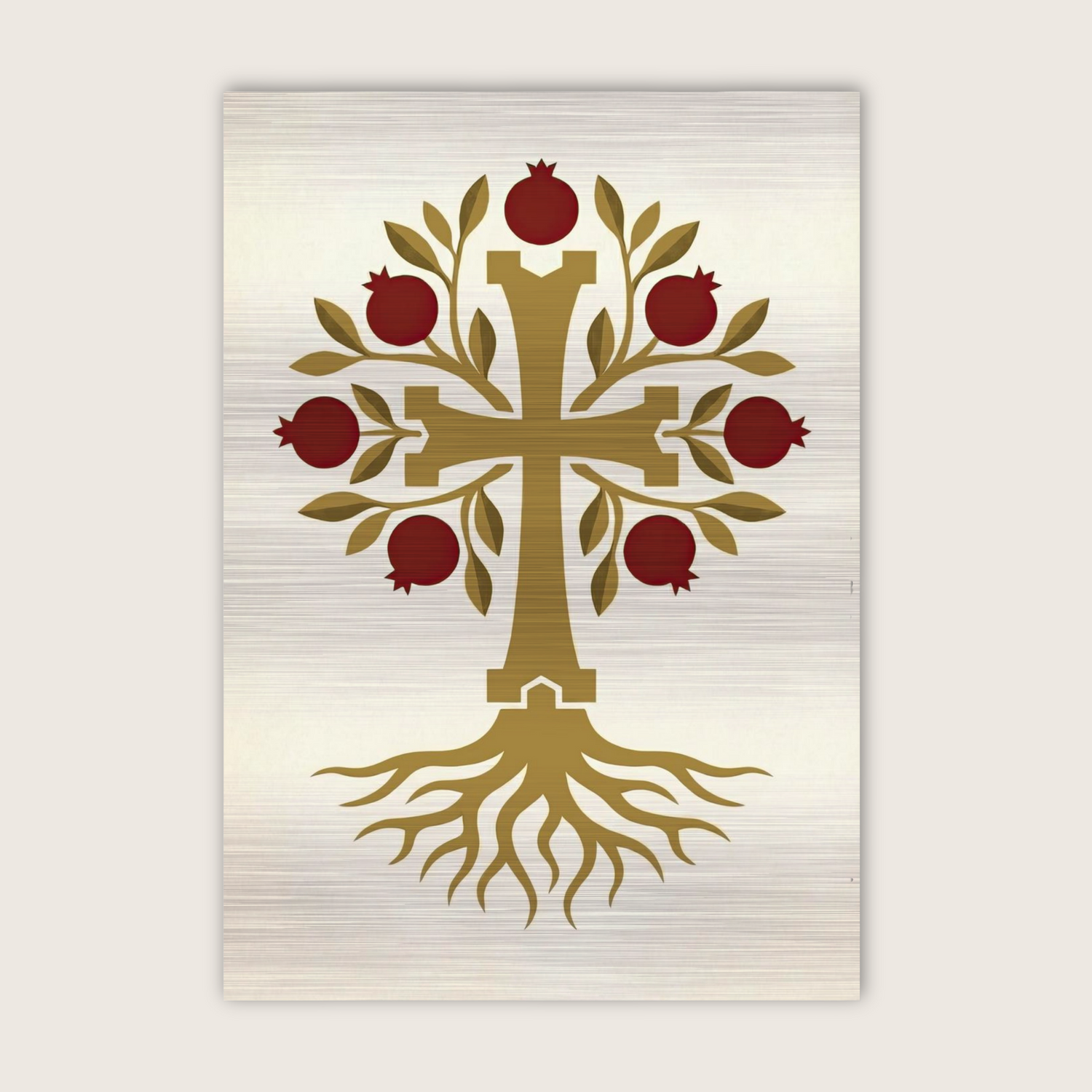Armenian pomegranate tree of life cross wall art printed on brushed silver aluminum