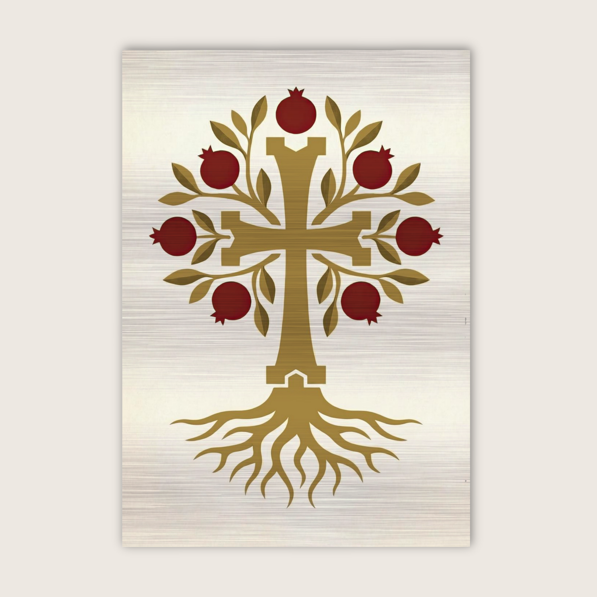 Armenian pomegranate tree of life cross wall art printed on brushed silver aluminum