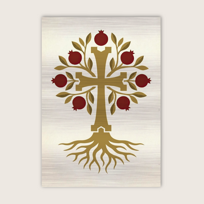Armenian pomegranate tree of life cross wall art printed on brushed silver aluminum
