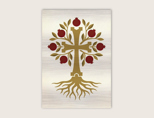 Armenian pomegranate tree of life cross wall art printed on brushed silver aluminum