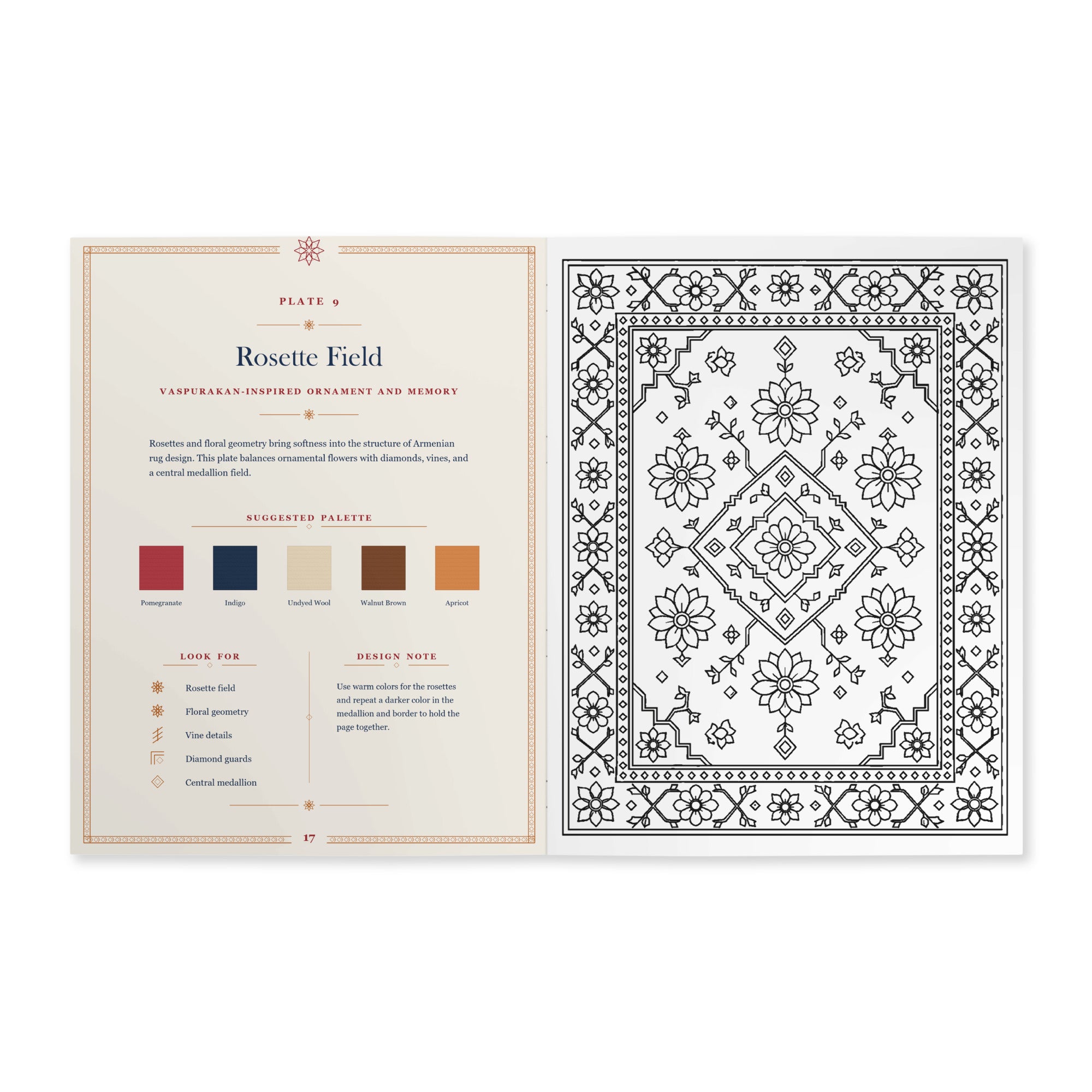 Detailed Armenian rug motif coloring spread