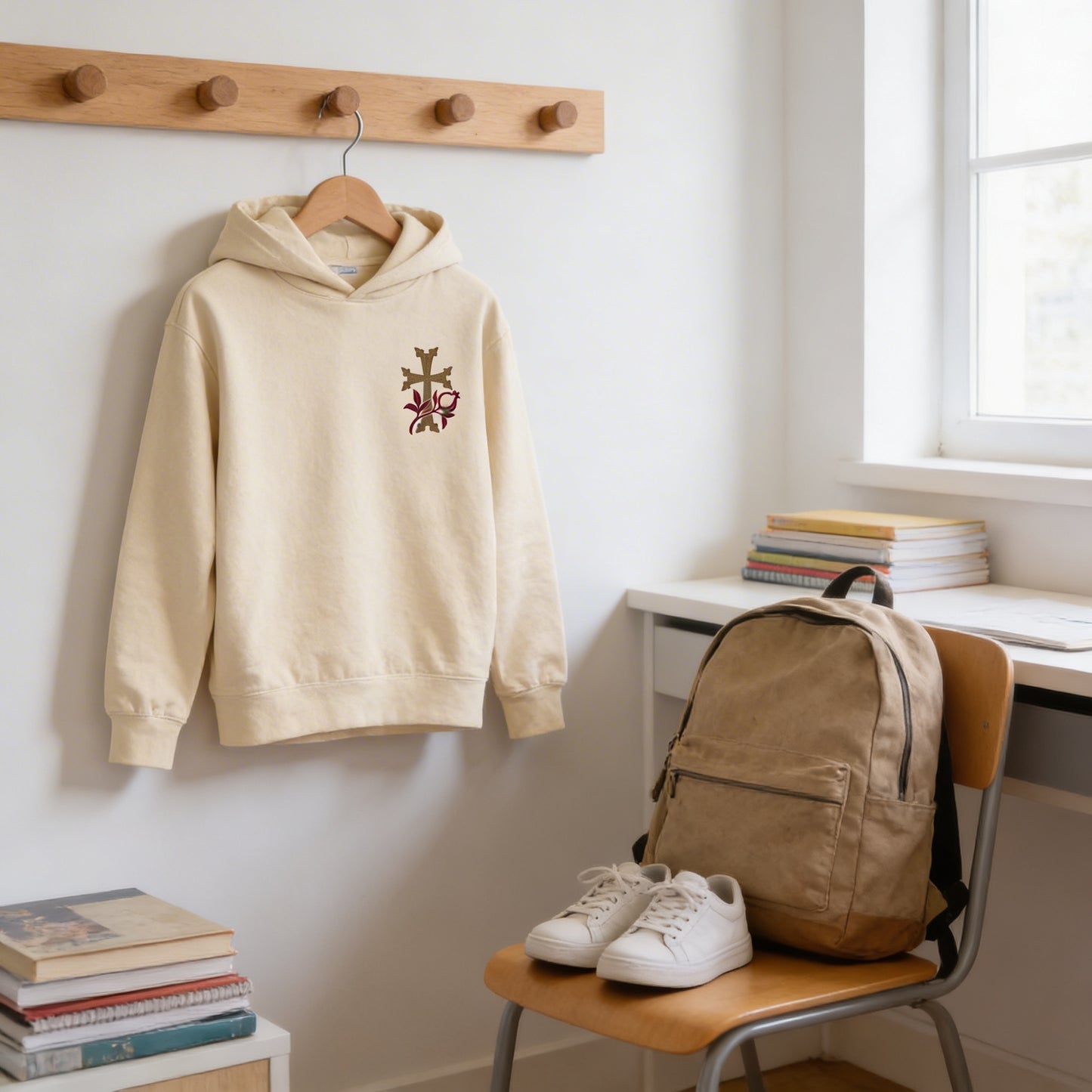 a cozy corner of a room with a wooden coat rack holding a beige hoodie with a floral design, a pair of white sneakers, and a beige backpack.