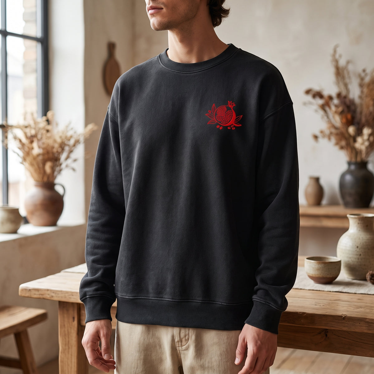 Pomegranate Embroidered Sweatshirt — Lifestyle (AI generated)