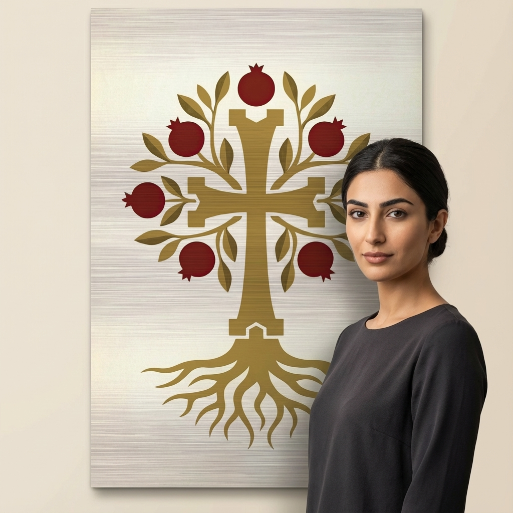 Pomegranate cross tree of life brushed aluminum wall art styled in a modern living room