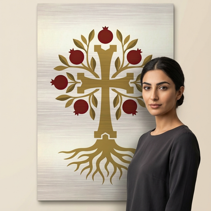 Pomegranate cross tree of life brushed aluminum wall art styled in a modern living room