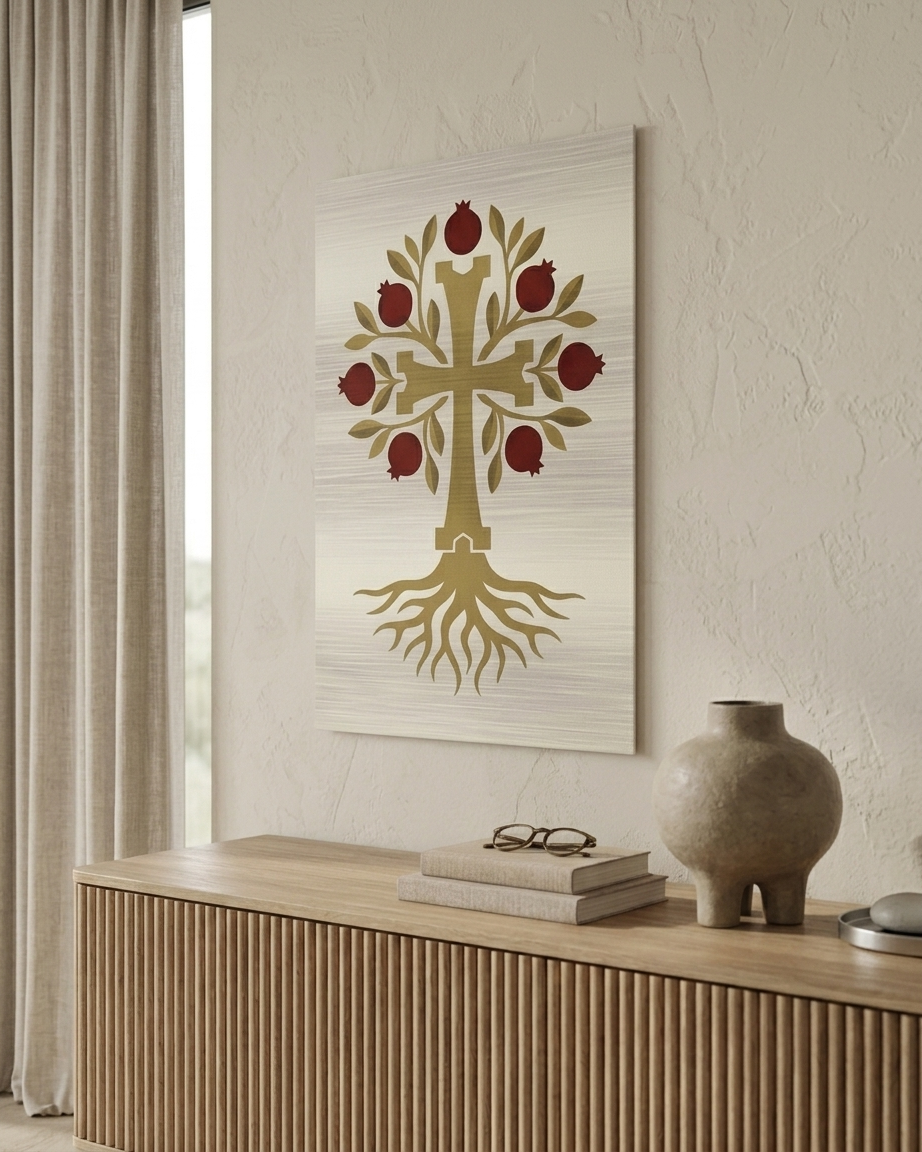 Armenian pomegranate cross brushed aluminum wall art in a contemporary interior