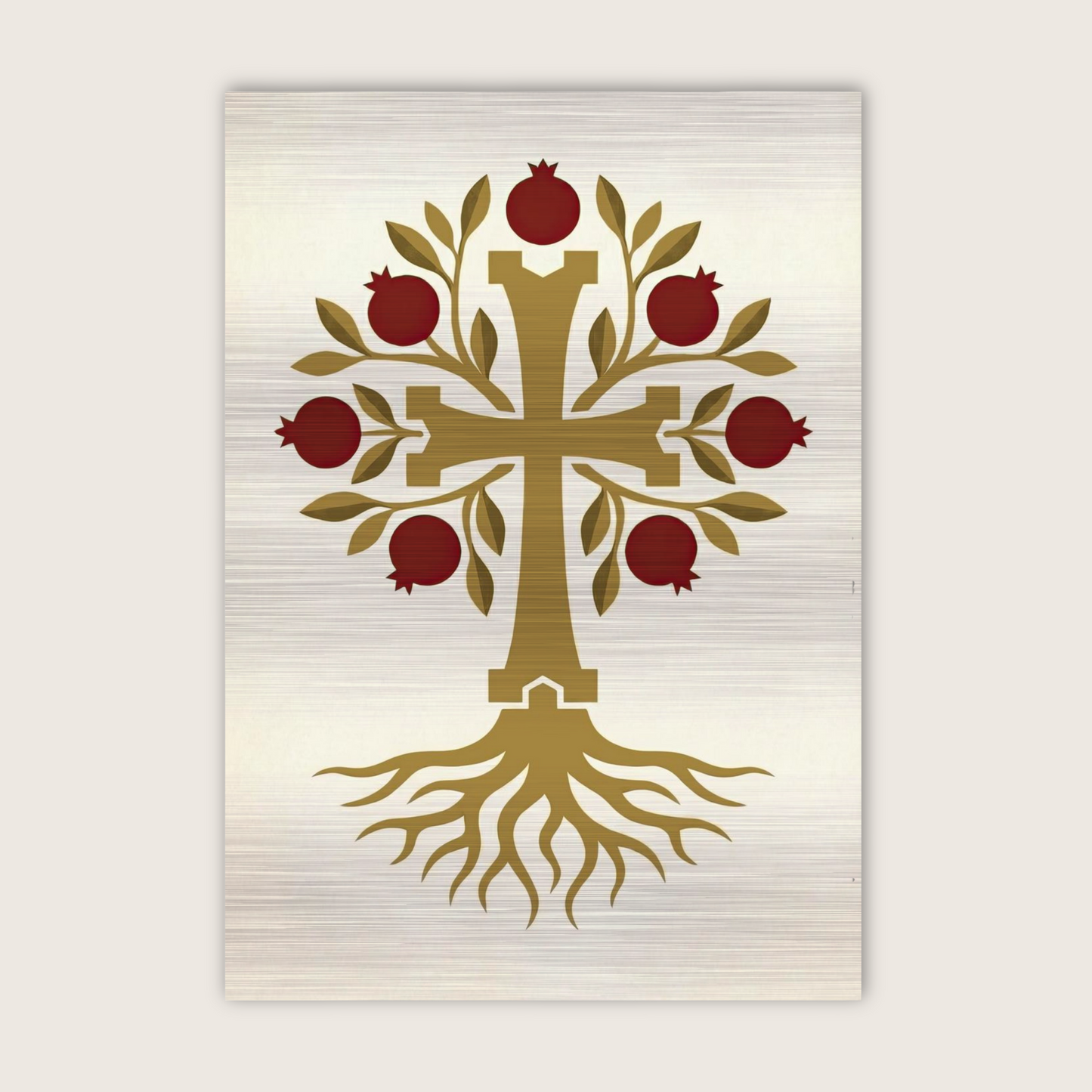 A vertical rectangular wall art print featuring a stylized cross tree with gold branches and roots, red pomegranate fruits, and green leaves on a brushed light background.