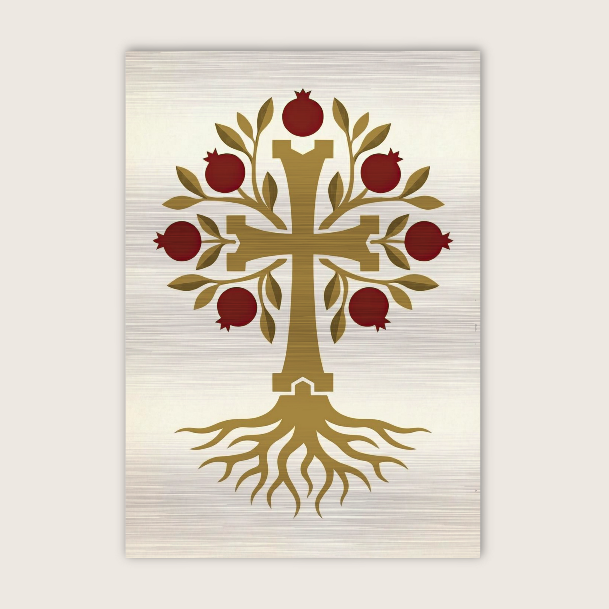 A vertical rectangular wall art print featuring a stylized cross tree with gold branches and roots, red pomegranate fruits, and green leaves on a brushed light background.