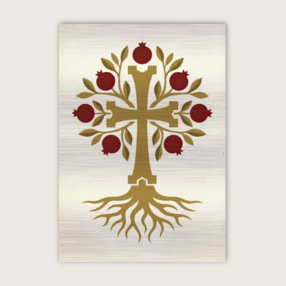 A vertical rectangular wall art print featuring a stylized cross tree with gold branches and roots, red pomegranate fruits, and green leaves on a brushed light background.